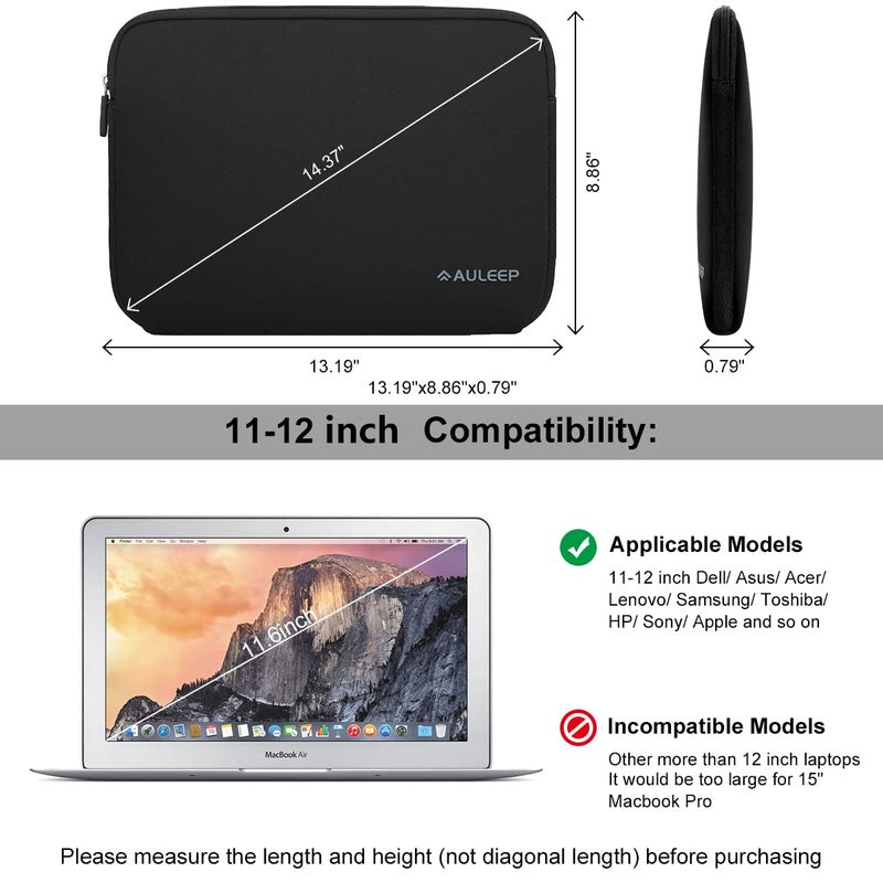 AULEEP أولييب أكمام لابتوب 11-12 بوصة، جيب حاسوب نوت بوك من النيوبرين، أكمام حمل لوحي مقاومة للماء متوافقة مع لابتوب أيسر/أسوس/دل/لينوفو/إتش بي، أسود - Image 2